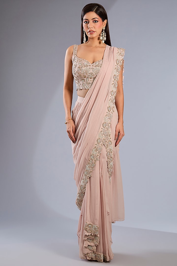 Taupe Silk Satin Hand Embroidered Skirt Reception Saree Set by Rashi Kapoor at Pernia's Pop Up Shop