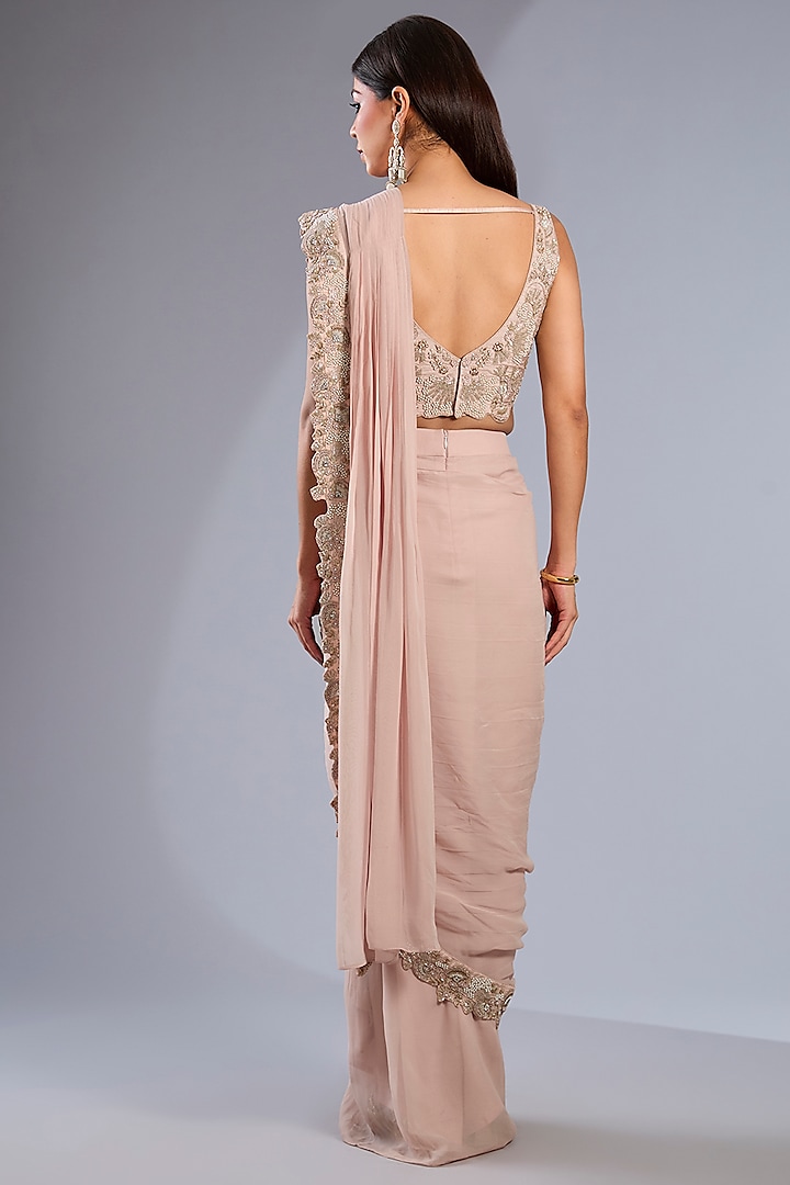 Taupe Silk Satin Hand Embroidered Skirt Reception Saree Set by Rashi Kapoor at Pernia's Pop Up Shop