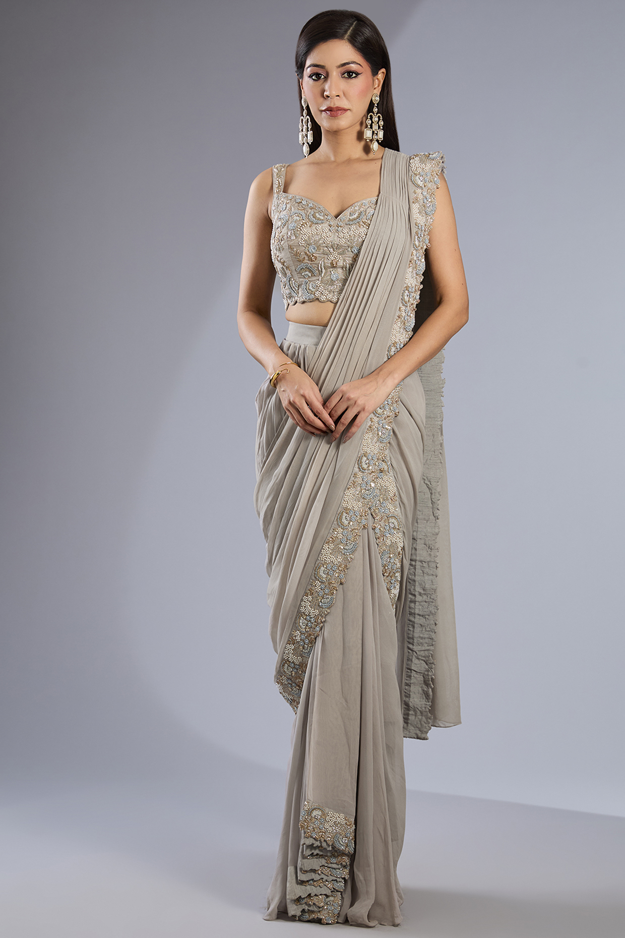 Ash Grey Silk Satin Hand Embroidered Skirt Reception Saree Set by Rashi Kapoor at Pernia's Pop Up Shop