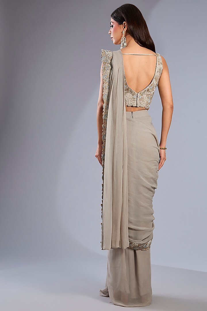 Ash Grey Silk Satin Hand Embroidered Skirt Reception Saree Set by Rashi Kapoor at Pernia's Pop Up Shop