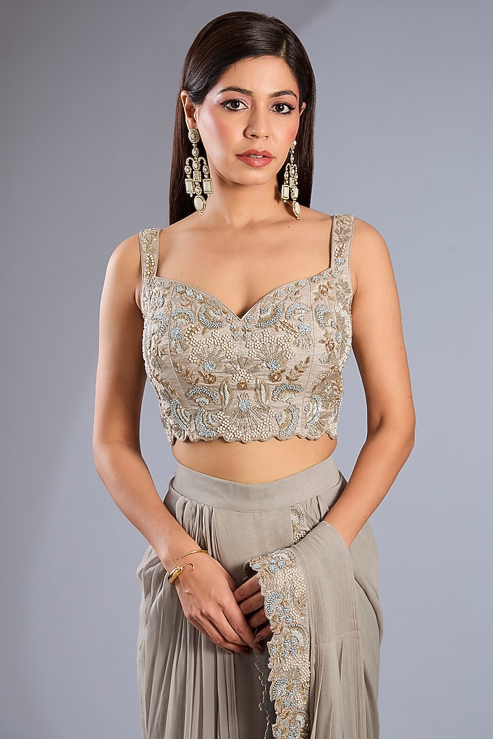 Ash Grey Silk Satin Hand Embroidered Skirt Reception Saree Set by Rashi Kapoor at Pernia's Pop Up Shop