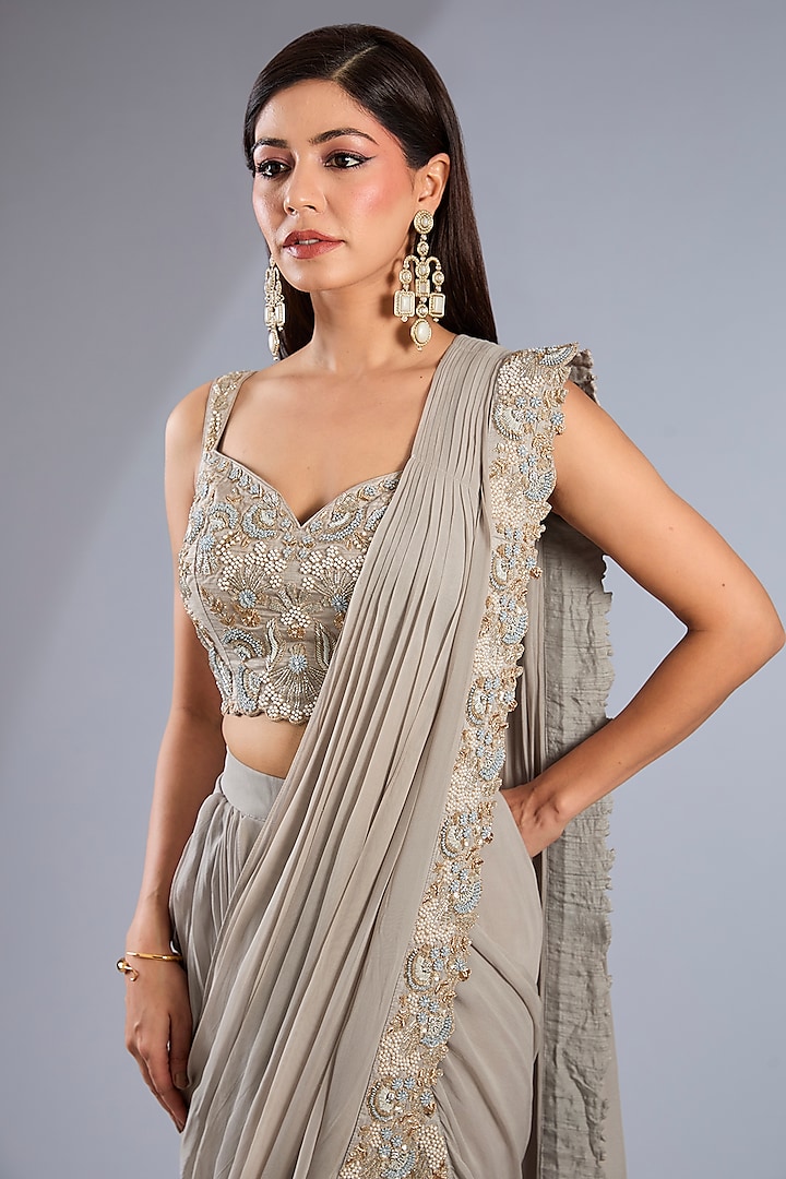 Ash Grey Silk Satin Hand Embroidered Skirt Reception Saree Set by Rashi Kapoor at Pernia's Pop Up Shop