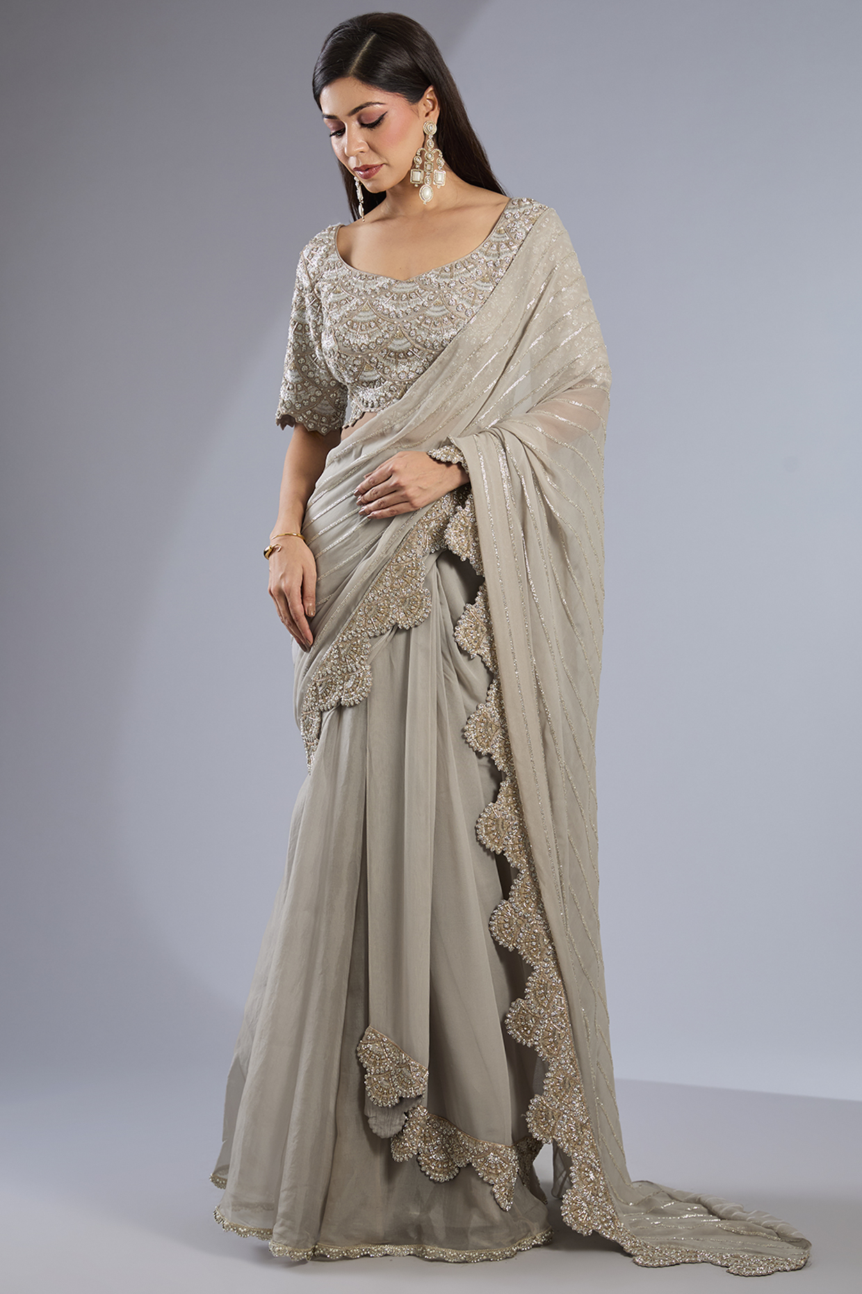 Grey Organza Embroidered Sharara Pant Bridal Saree Set by Rashi Kapoor at Pernia's Pop Up Shop