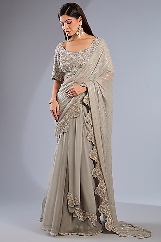 Grey Organza Embroidered Sharara Pant Saree Set by Rashi Kapoor