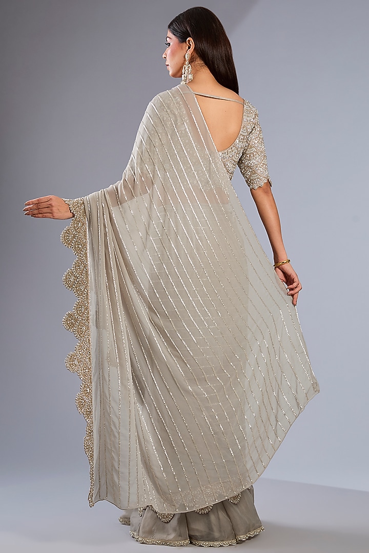 Grey Organza Embroidered Sharara Pant Bridal Saree Set by Rashi Kapoor at Pernia's Pop Up Shop