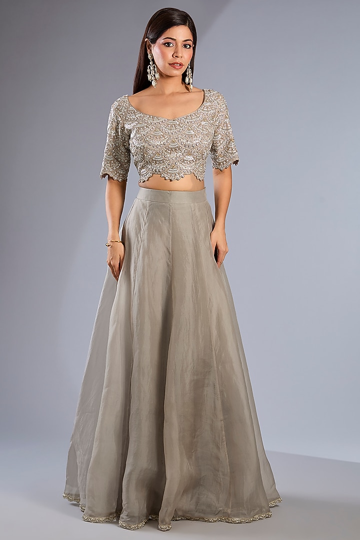 Grey Organza Embroidered Sharara Pant Bridal Saree Set by Rashi Kapoor at Pernia's Pop Up Shop