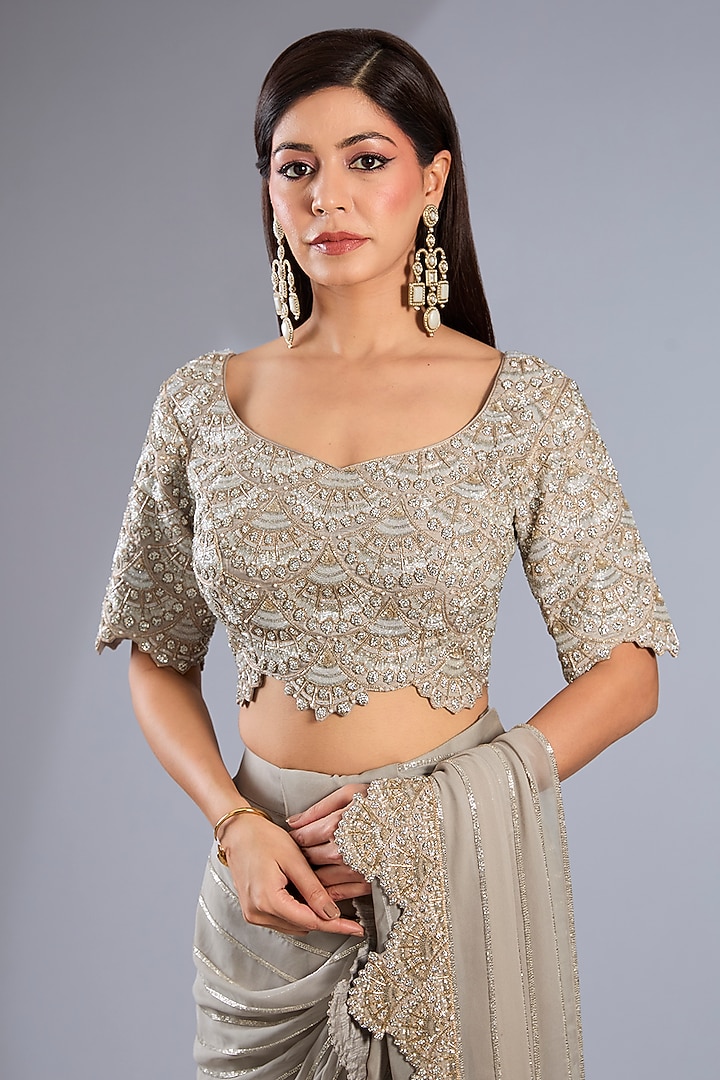 Grey Organza Embroidered Sharara Pant Bridal Saree Set by Rashi Kapoor at Pernia's Pop Up Shop