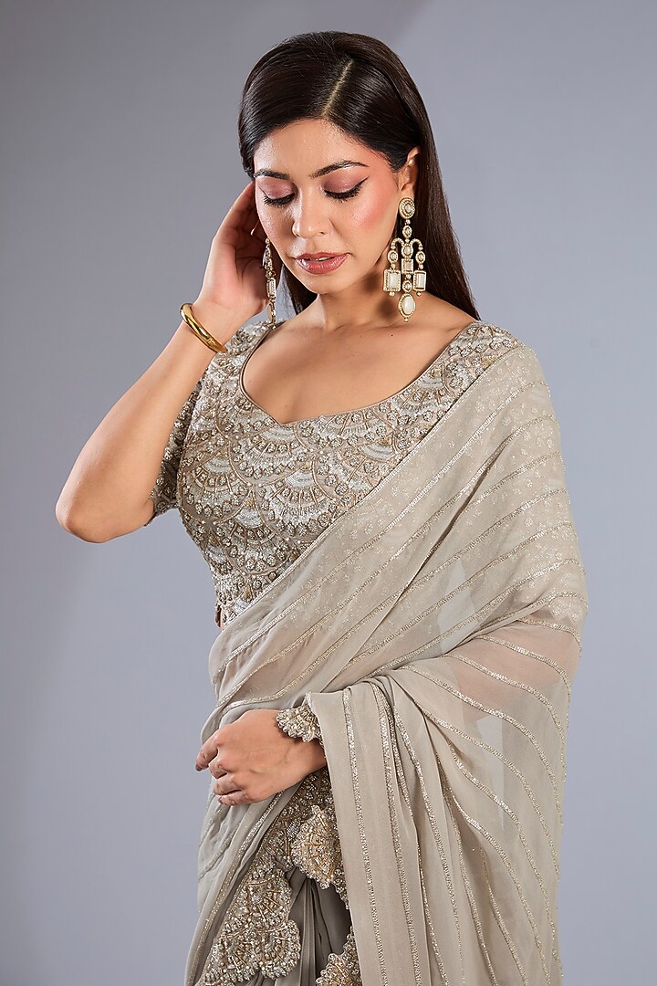 Grey Organza Embroidered Sharara Pant Bridal Saree Set by Rashi Kapoor at Pernia's Pop Up Shop