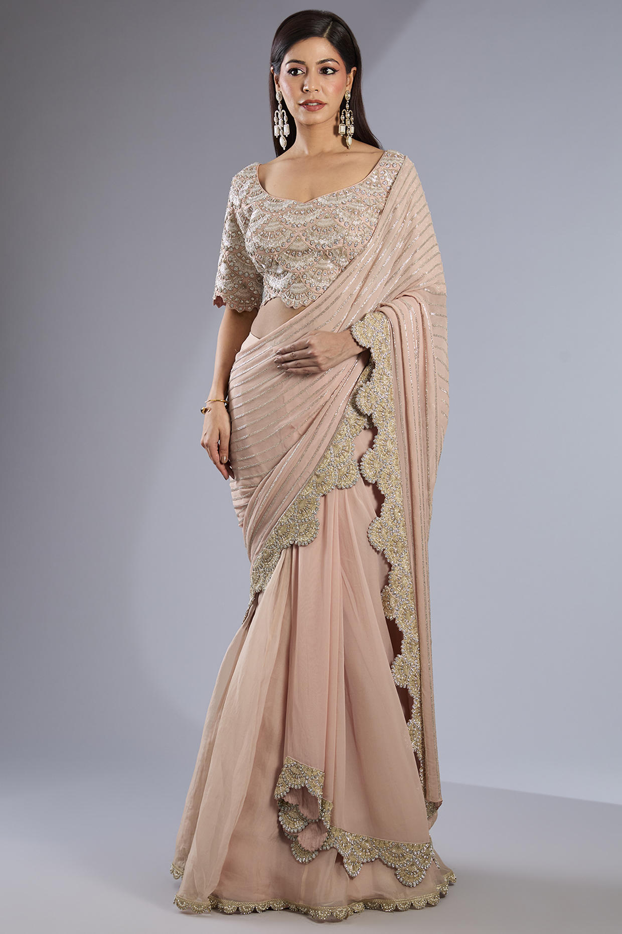 Taupe Organza Embroidered Sharara Pant Bridal Saree Set by Rashi Kapoor at Pernia's Pop Up Shop