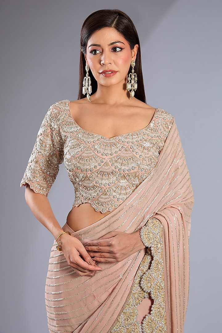 Taupe Organza Embroidered Sharara Pant Bridal Saree Set by Rashi Kapoor at Pernia's Pop Up Shop