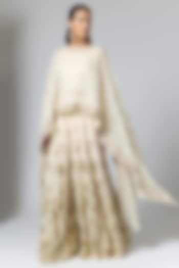 Ivory Organza Embellished Cape Set by Rashi Kapoor at Pernia's Pop Up Shop