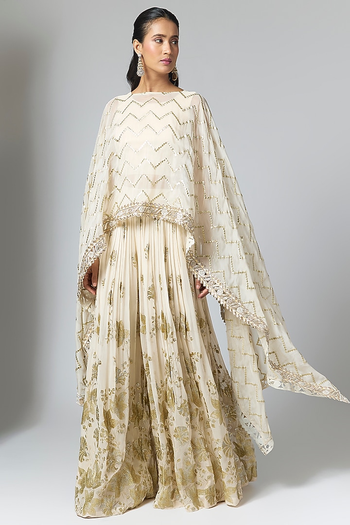 Ivory Organza Embellished Cape Set by Rashi Kapoor at Pernia's Pop Up Shop