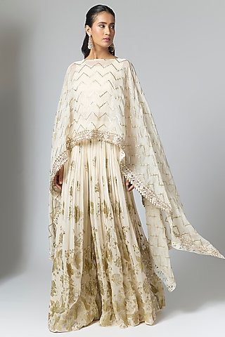 Ivory Organza Embellished Cape Set by Rashi Kapoor