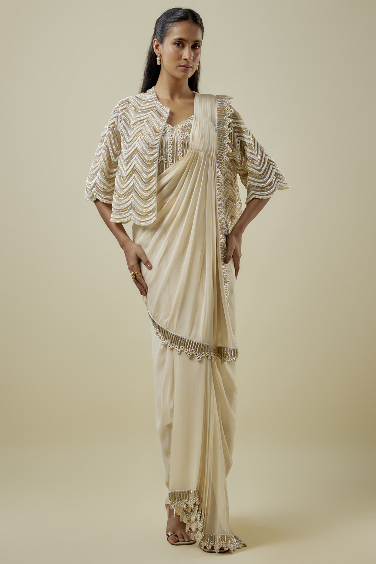 Ivory Georgette Hand Embroidered Skirt Saree Set by Rashi Kapoor at Pernia's Pop Up Shop
