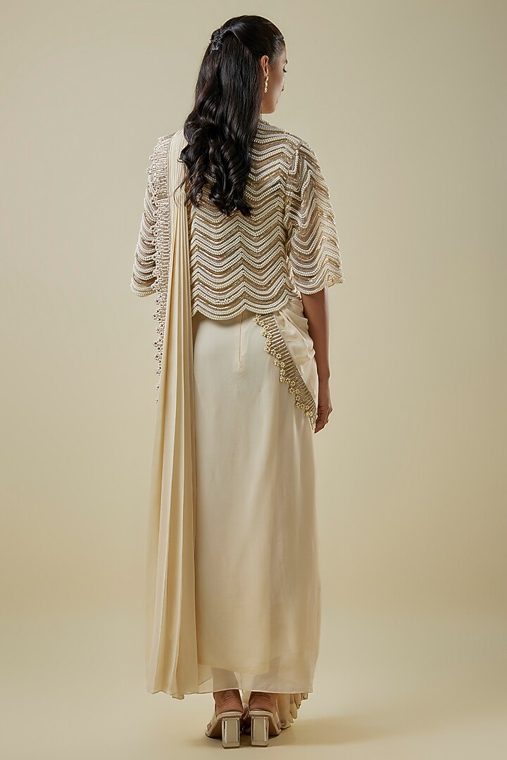 Ivory Georgette Hand Embroidered Skirt Bridal Saree Set by Rashi Kapoor at Pernia's Pop Up Shop