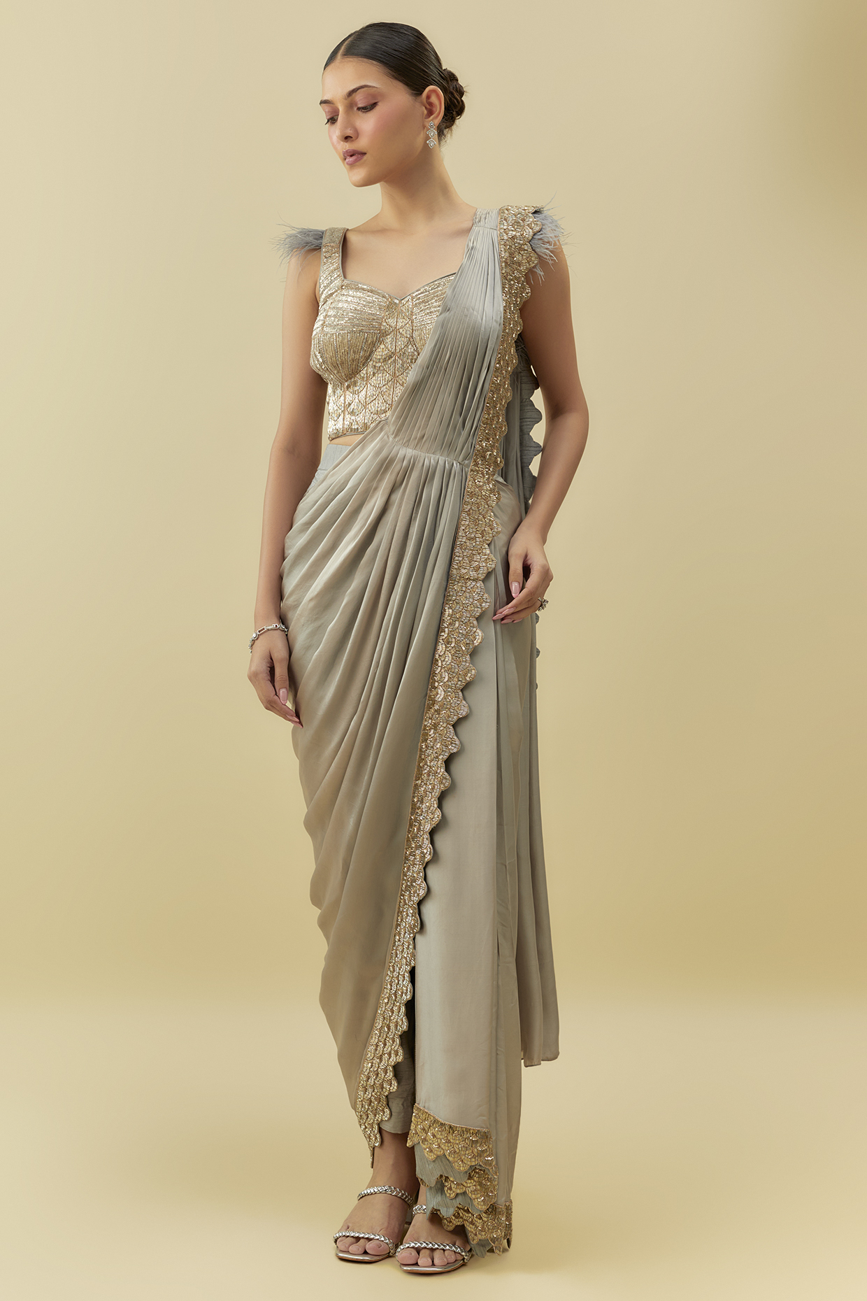 Grey Upada & Silk Satin Embroidered Pant Saree Set by Rashi Kapoor at Pernia's Pop Up Shop