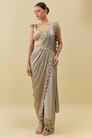 Grey Upada & Silk Satin Embroidered Pant Saree Set by Rashi Kapoor