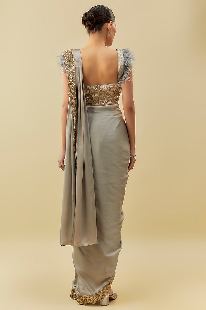 Grey Upada & Silk Satin Embroidered Pant Reception Saree Set by Rashi Kapoor at Pernia's Pop Up Shop