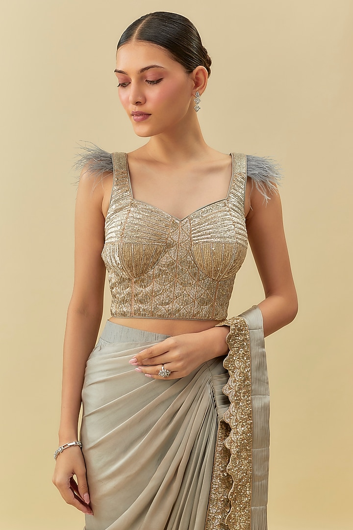 Grey Upada & Silk Satin Embroidered Pant Reception Saree Set by Rashi Kapoor at Pernia's Pop Up Shop