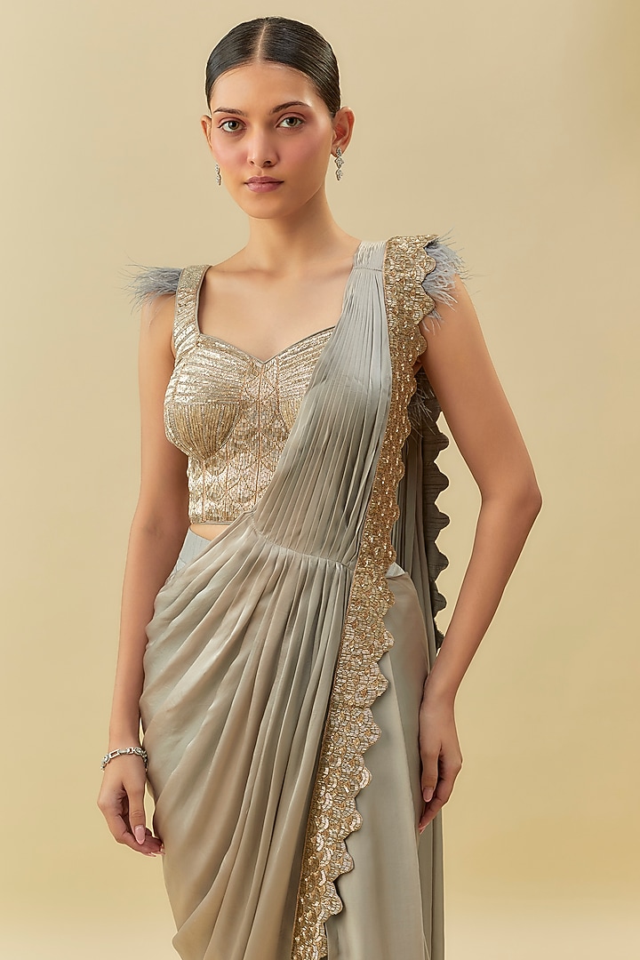 Grey Upada & Silk Satin Embroidered Pant Reception Saree Set by Rashi Kapoor at Pernia's Pop Up Shop