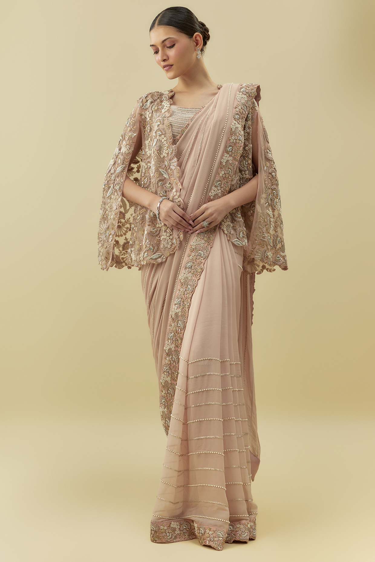 Pink Georgette Embroidered Jacket Saree Set by Rashi Kapoor at Pernia's Pop Up Shop