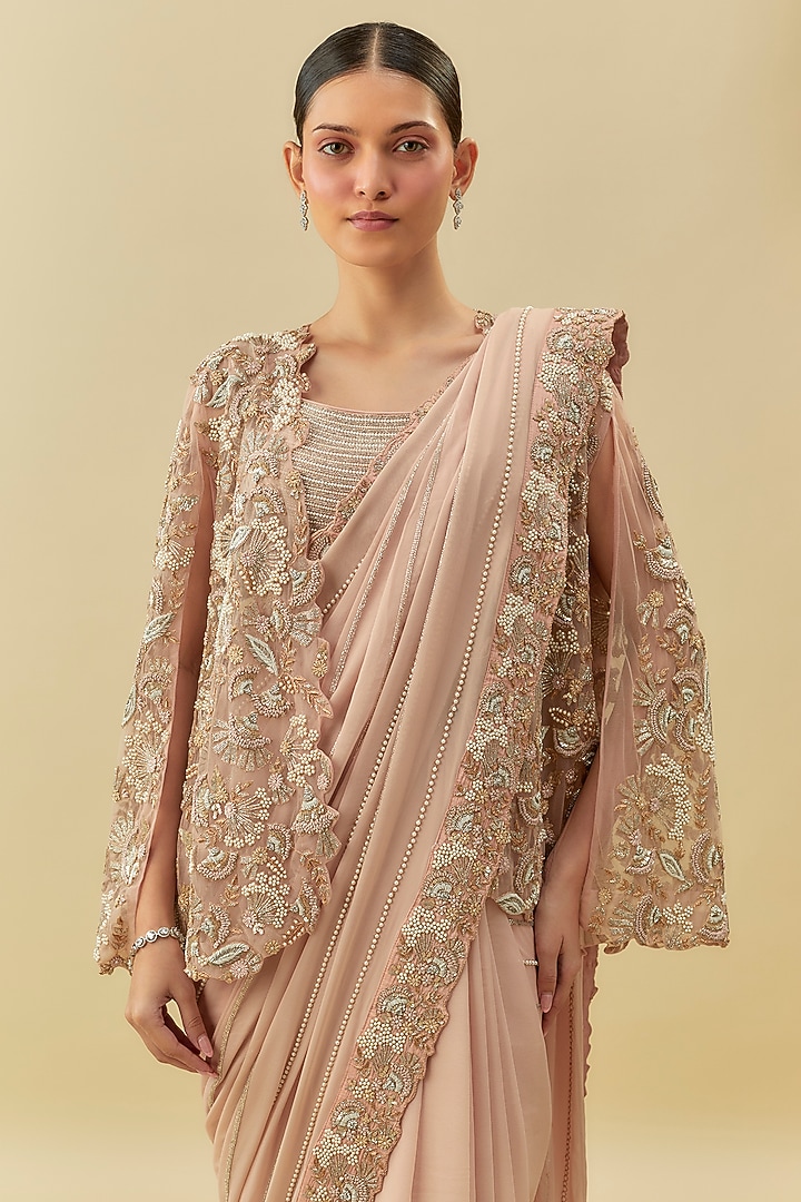 Pink Georgette Embroidered Jacket Bridal Saree Set by Rashi Kapoor at Pernia's Pop Up Shop