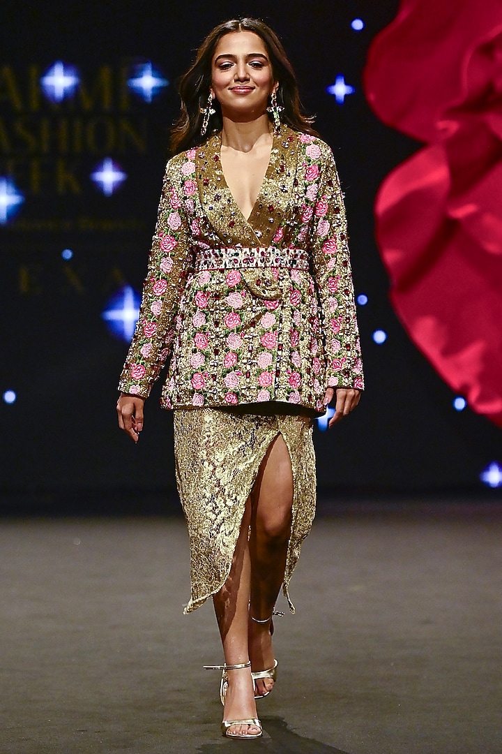 Gold Dupion Silk Swarovski Embroidered Blazer Set by Rashi Kapoor at Pernia's Pop Up Shop