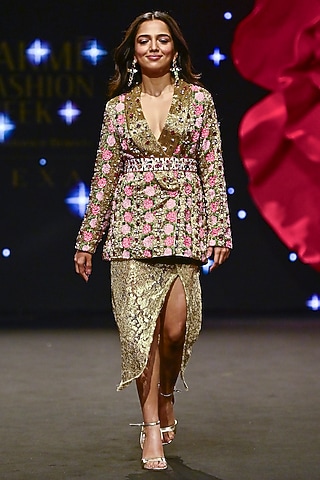 Gold Dupion Silk Swarovski Embroidered Blazer Set by Rashi Kapoor