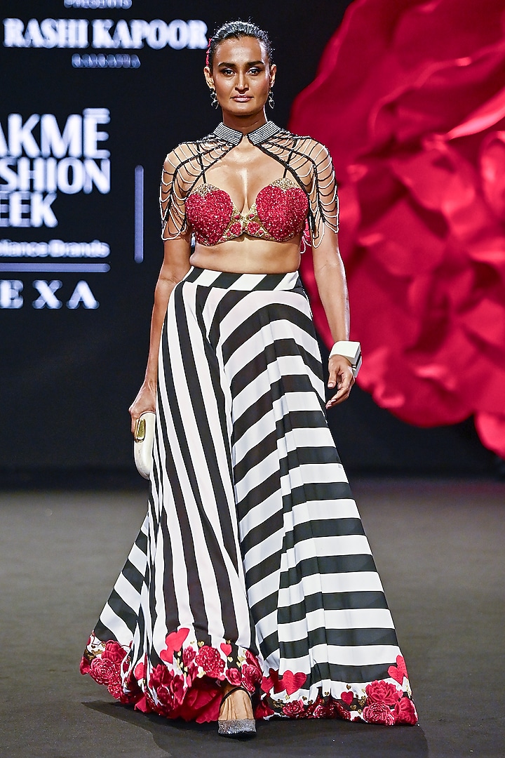 Black & White Dupion Silk Striped Bridal Lehenga Set by Rashi Kapoor at Pernia's Pop Up Shop