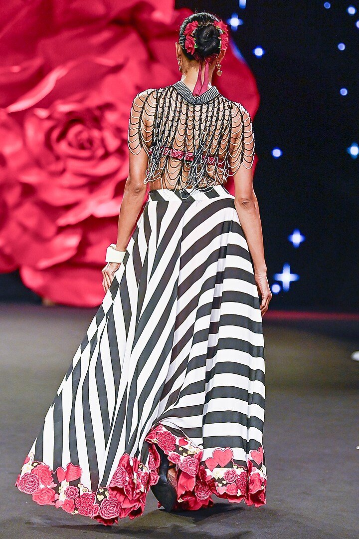 Black & White Dupion Silk Striped Bridal Lehenga Set by Rashi Kapoor at Pernia's Pop Up Shop