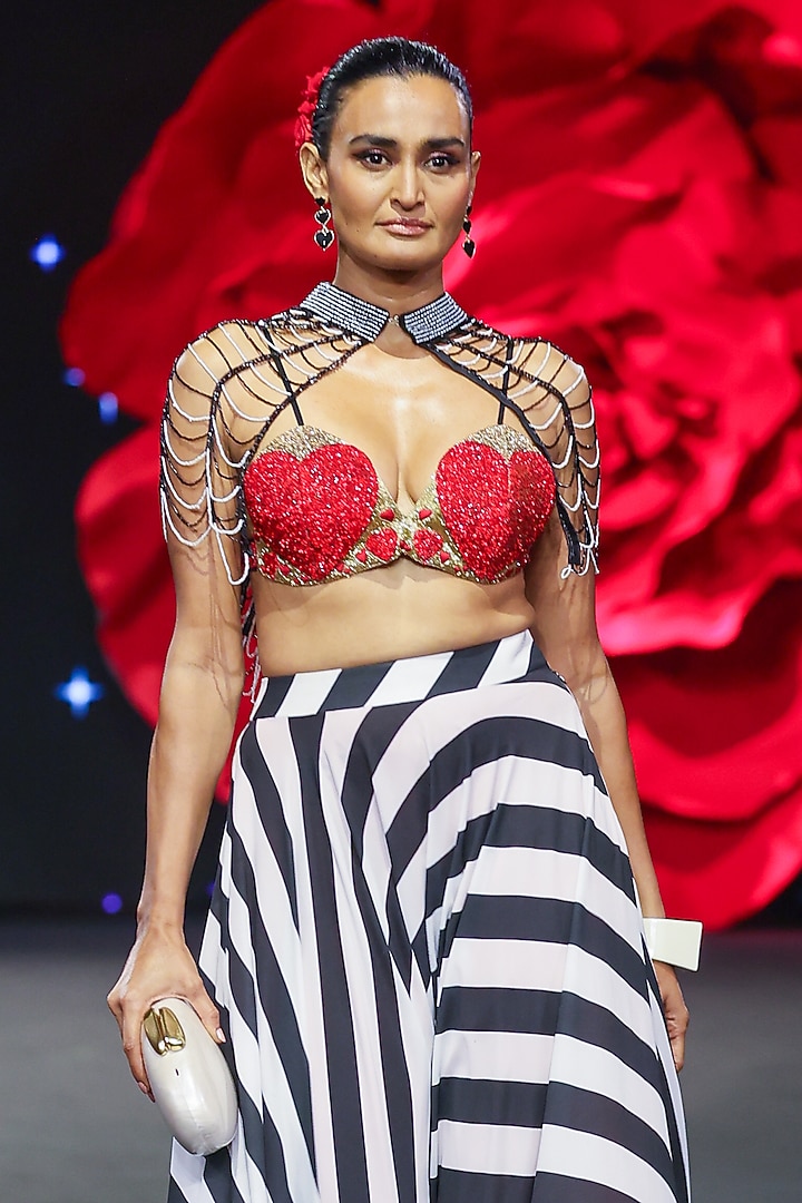 Black & White Dupion Silk Striped Bridal Lehenga Set by Rashi Kapoor at Pernia's Pop Up Shop
