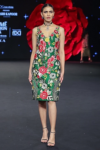 Emerald Green Raw Silk V-Neck Dress by Rashi Kapoor