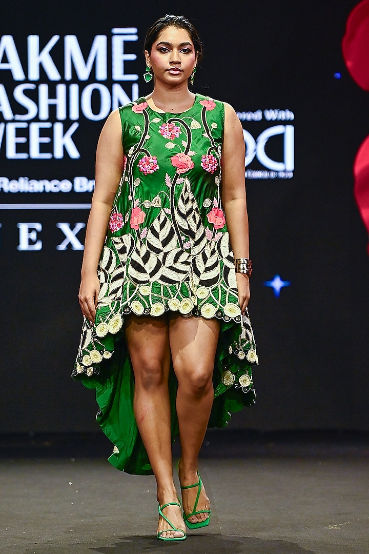 Emerald Green Raw Silk High-Low Dress by Rashi Kapoor at Pernia's Pop Up Shop