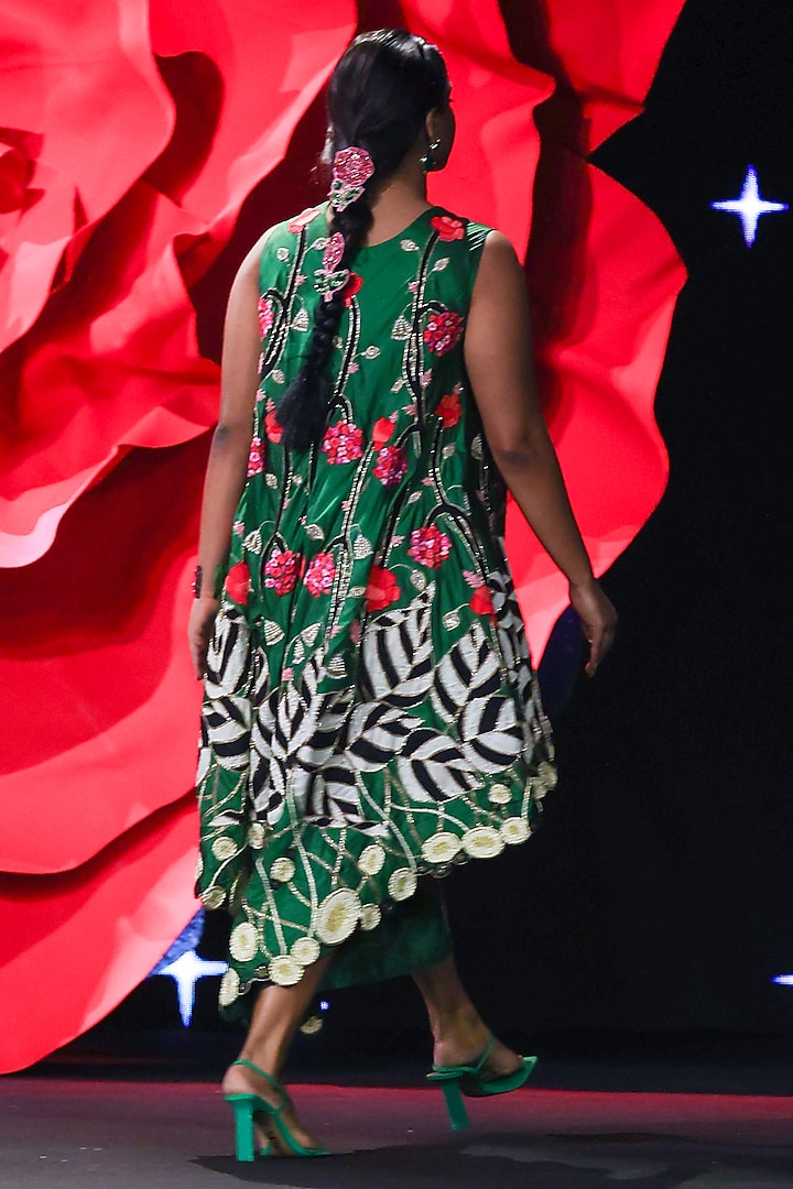 Emerald Green Raw Silk High-Low Party Wear Dress by Rashi Kapoor at Pernia's Pop Up Shop