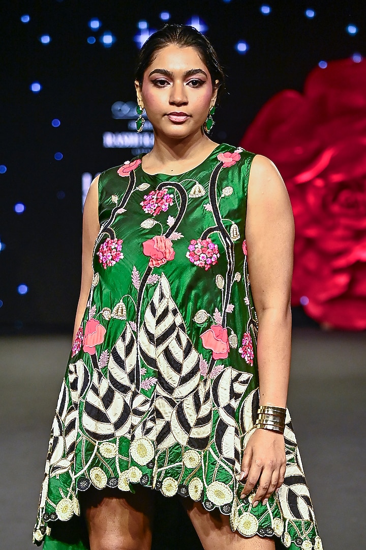 Emerald Green Raw Silk High-Low Party Wear Dress by Rashi Kapoor at Pernia's Pop Up Shop