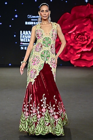 silk lacha dress Embroidered Lehenga Lacha Set | Ombr Yellow-Magenta Indian Wedding Dress
