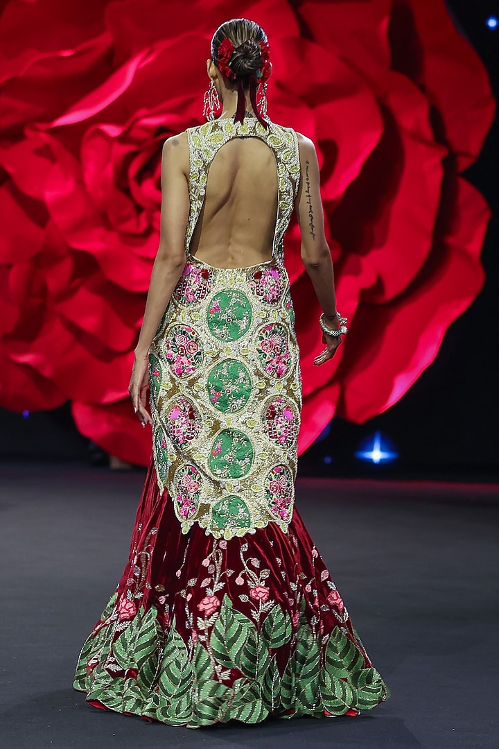 Maroon Velvet Bridal Lehenga Set by Rashi Kapoor at Pernia's Pop Up Shop