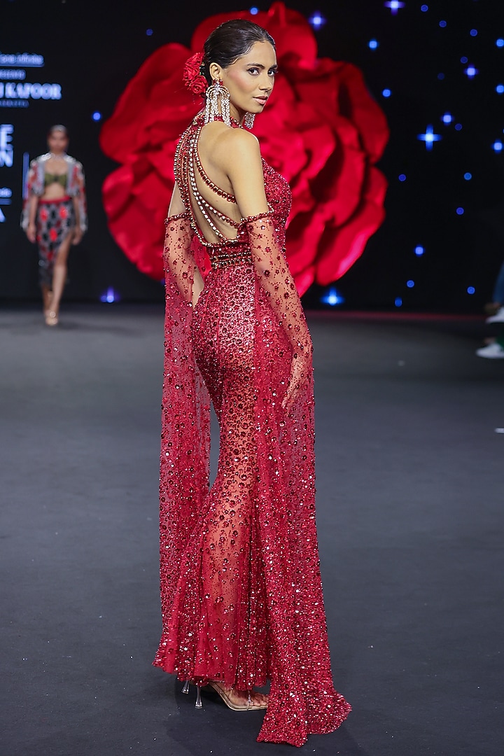 Cherry Red Tulle Swarovski Embroidered Wedding Gown by Rashi Kapoor at Pernia's Pop Up Shop