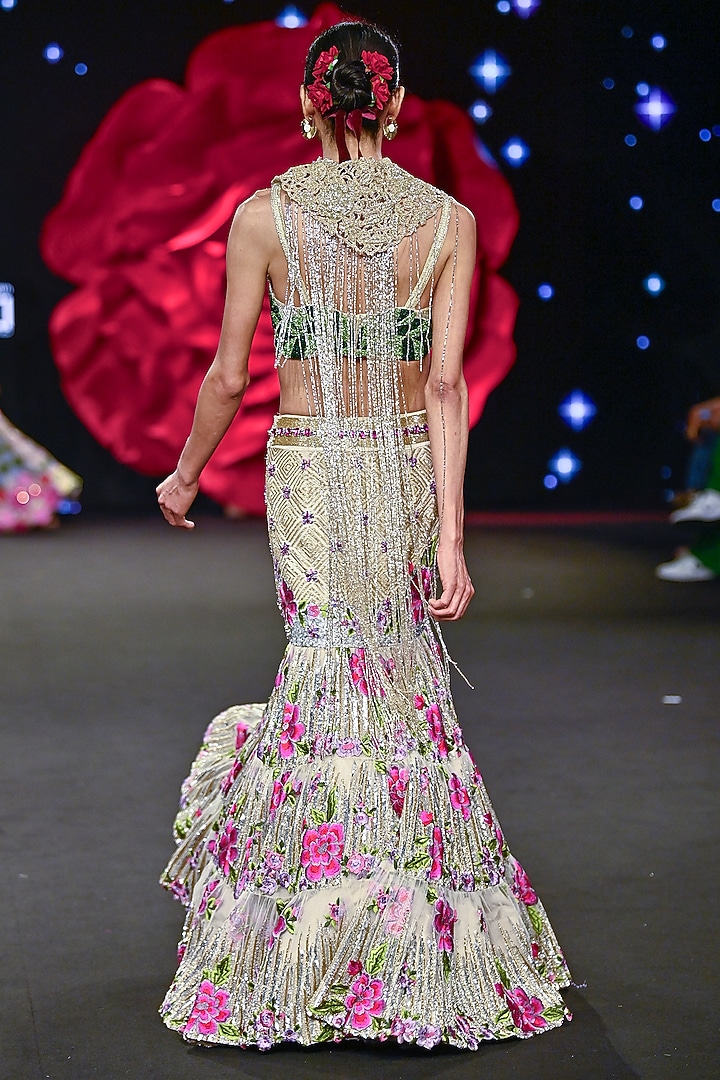 Gold Dupion Silk Layered Skirt Set by Rashi Kapoor at Pernia's Pop Up Shop