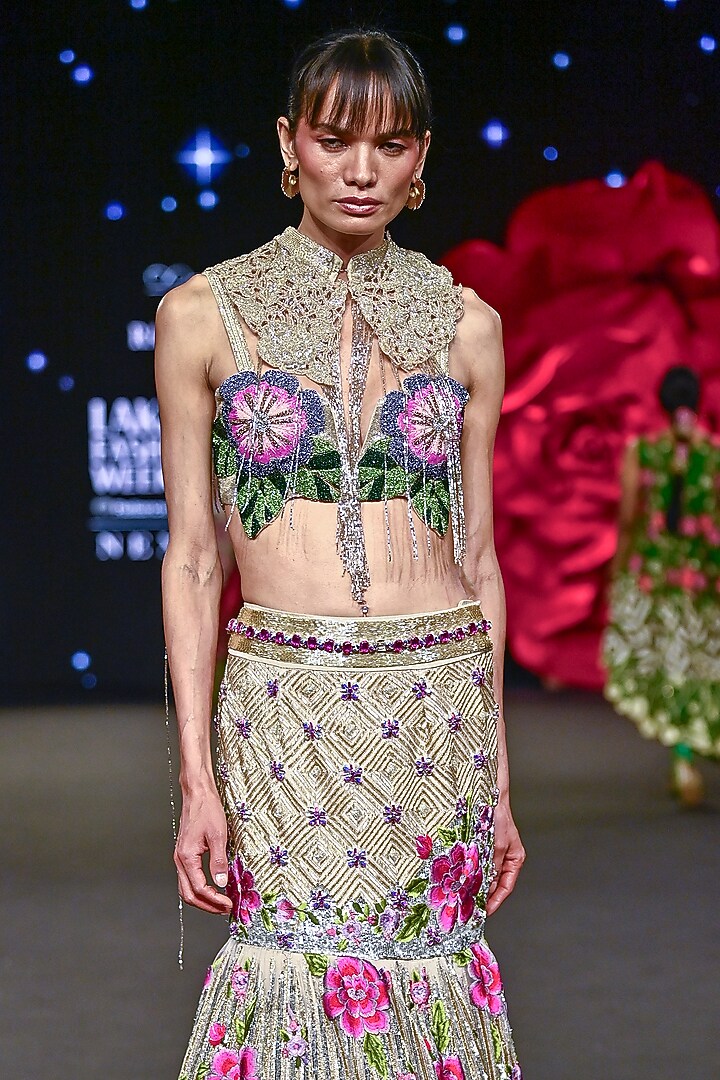 Gold Dupion Silk Layered Skirt Set by Rashi Kapoor at Pernia's Pop Up Shop