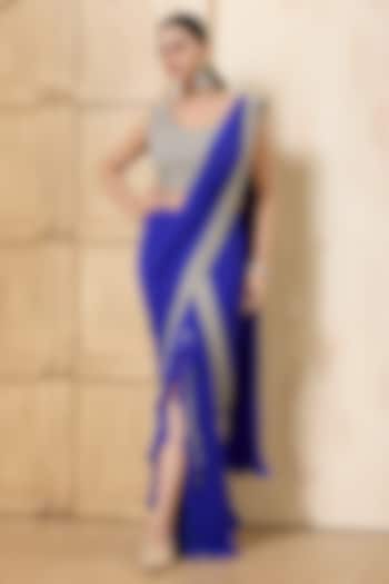 Royal Blue Georgette Draped Reception Saree Set by Rashi Kapoor at Pernia's Pop Up Shop