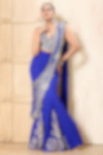 Royal Blue Georgette Embroidered Draped Bridal Saree Set by Rashi Kapoor at Pernia's Pop Up Shop