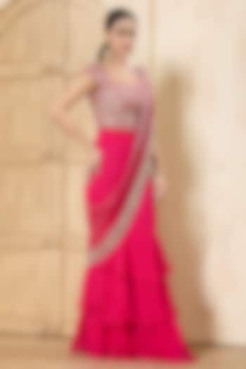 Hot Pink Georgette Embroidered Draped Reception Saree Set by Rashi Kapoor at Pernia's Pop Up Shop
