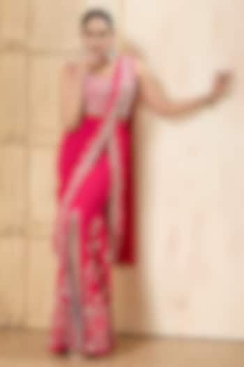 Hot Pink Georgette Embroidered Draped Reception Saree Set by Rashi Kapoor at Pernia's Pop Up Shop