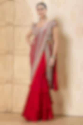 Red Georgette Embroidered Layered Draped Reception Saree Set by Rashi Kapoor at Pernia's Pop Up Shop
