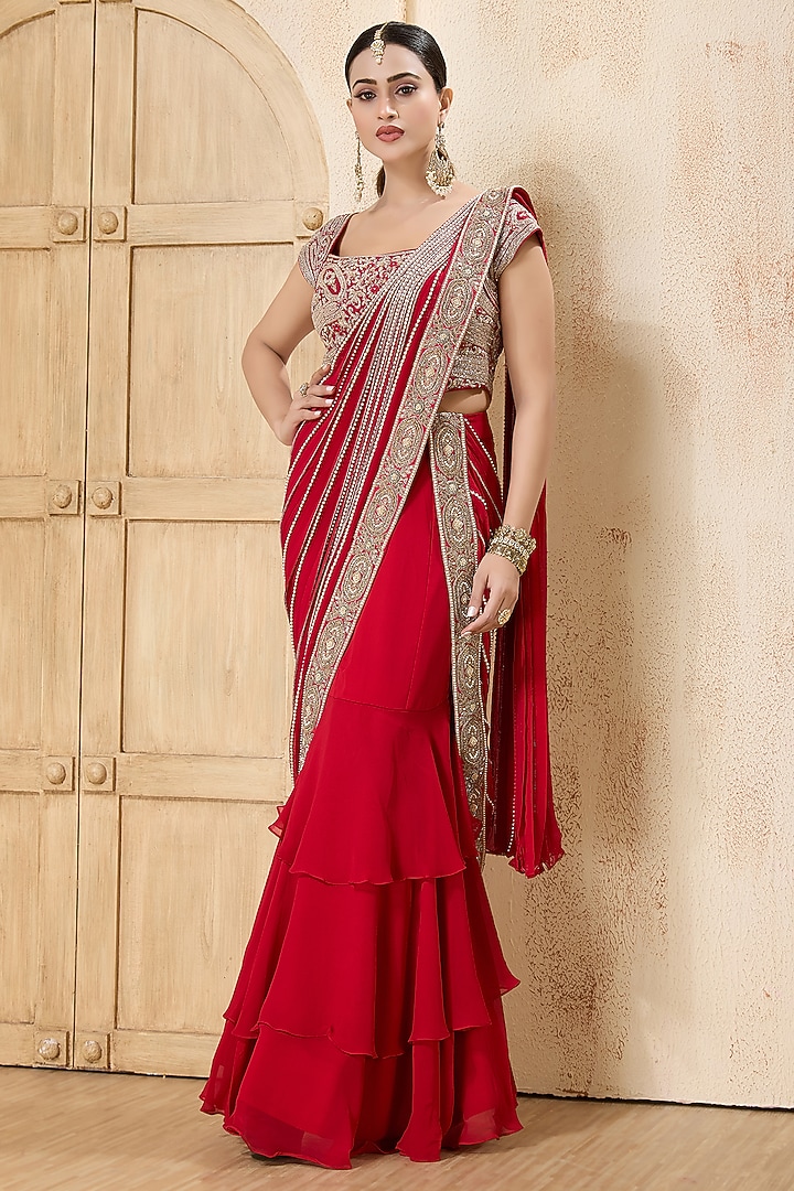 Red Georgette Embroidered Layered Draped Reception Saree Set by Rashi Kapoor at Pernia's Pop Up Shop