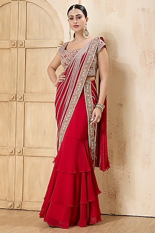 Red Georgette Embroidered Layered Draped Saree Set by Rashi Kapoor
