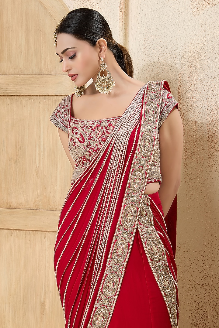 Red Georgette Embroidered Layered Draped Reception Saree Set by Rashi Kapoor at Pernia's Pop Up Shop