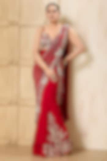 Red Georgette Embroidered Draped Reception Saree Set by Rashi Kapoor at Pernia's Pop Up Shop