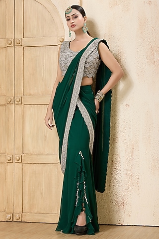 Bottle Green Georgette Embroidered Draped Saree Set by Rashi Kapoor